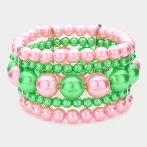 Pink & Green Pearl Stacked Look Stretch Bracelets Two Tone Statement Accessory